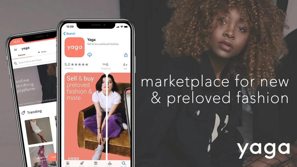 The slide features screenshots of the Yaga mobile app and a lifestyle image of a user.
