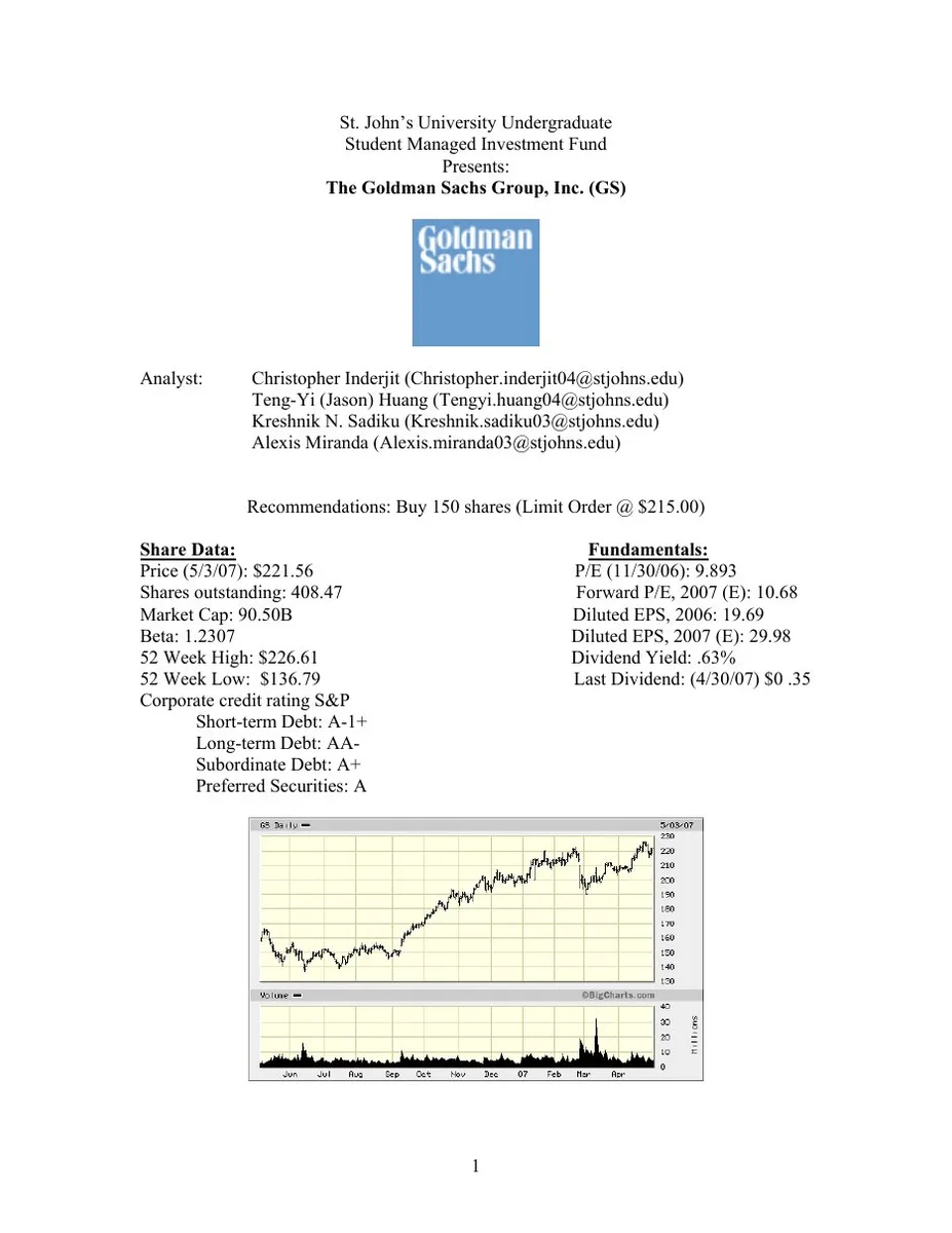 Includes analyst contact info, stock recommendation, key financial metrics, and a price/volume chart.