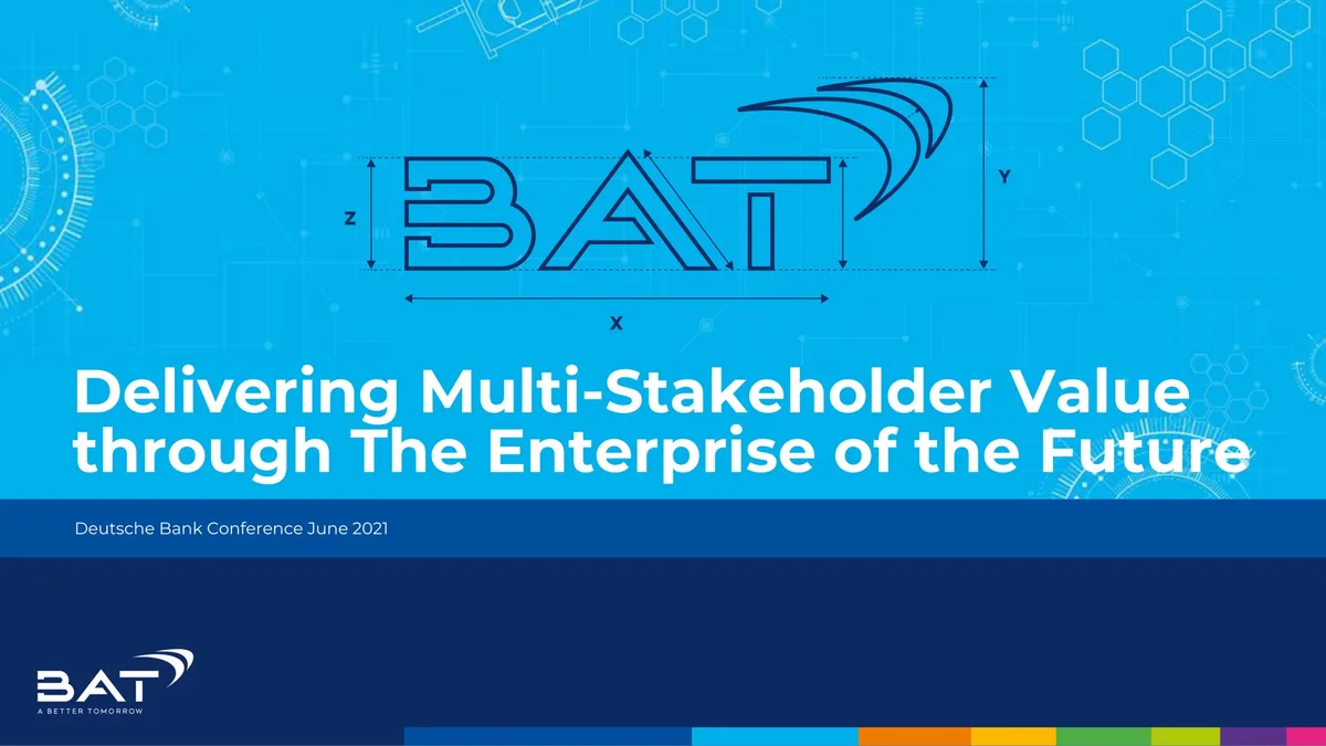The slide features a technical/engineering-style graphic overlay on the BAT logo.