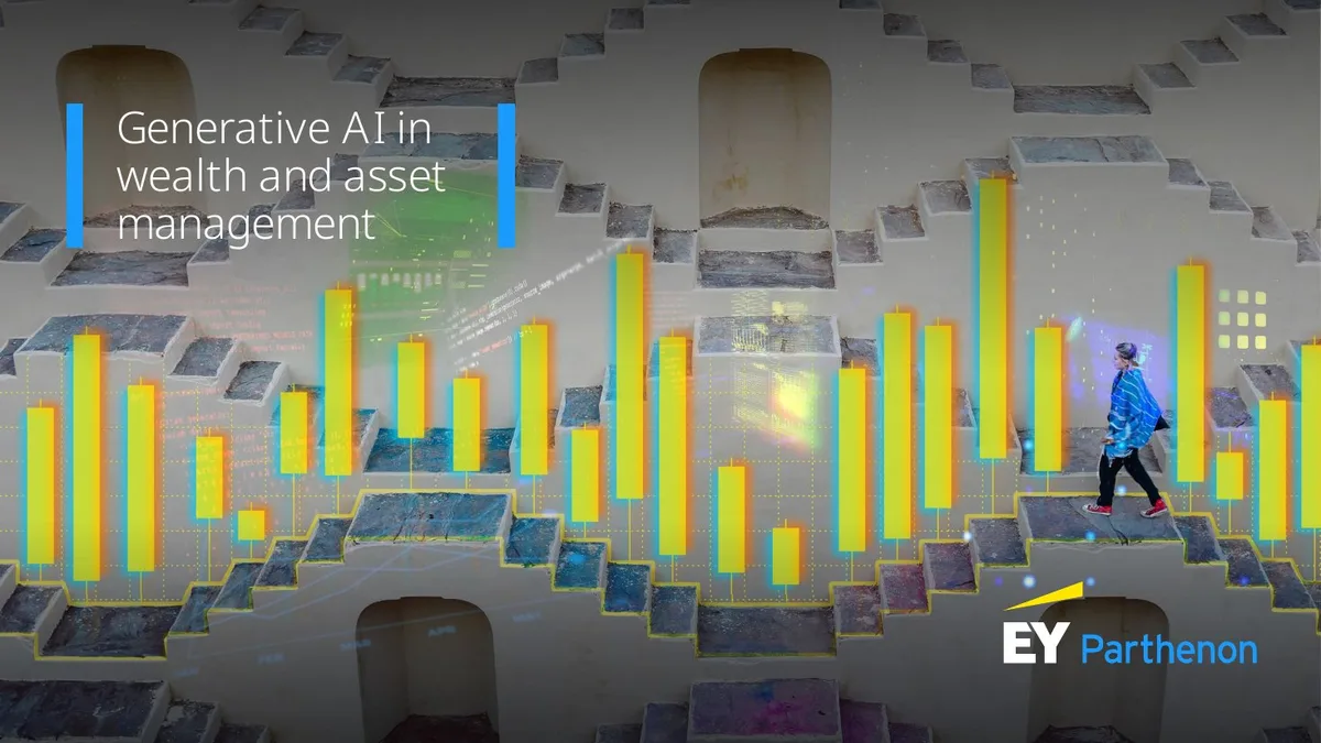 The slide features a stylized background of a stepwell overlaid with digital data visualizations (candlestick charts and code snippets).