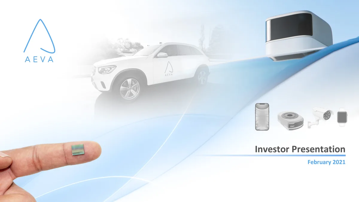 Includes imagery of Aeva's LiDAR sensor on a vehicle and a chip on a finger, alongside icons of other consumer electronics.