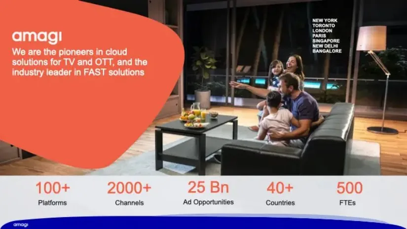 Includes a list of global office locations and a family watching TV as a lifestyle image.