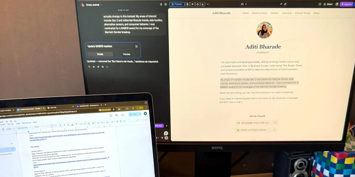 The image shows a screen capture of a personal website/portfolio page, likely used as a professional bio slide.