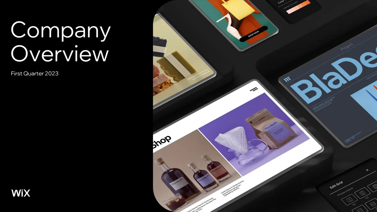 The slide features a stylized 3D perspective view of the Wix website editor interface.