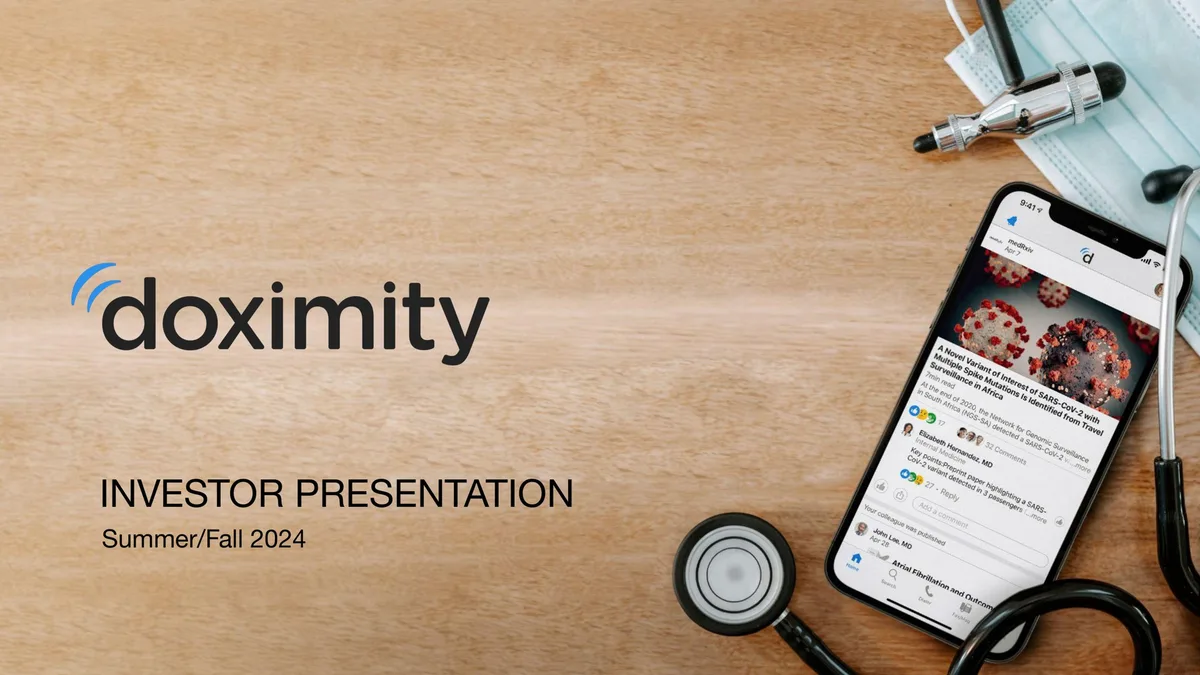 Includes branding and a visual representation of the Doximity mobile app interface.