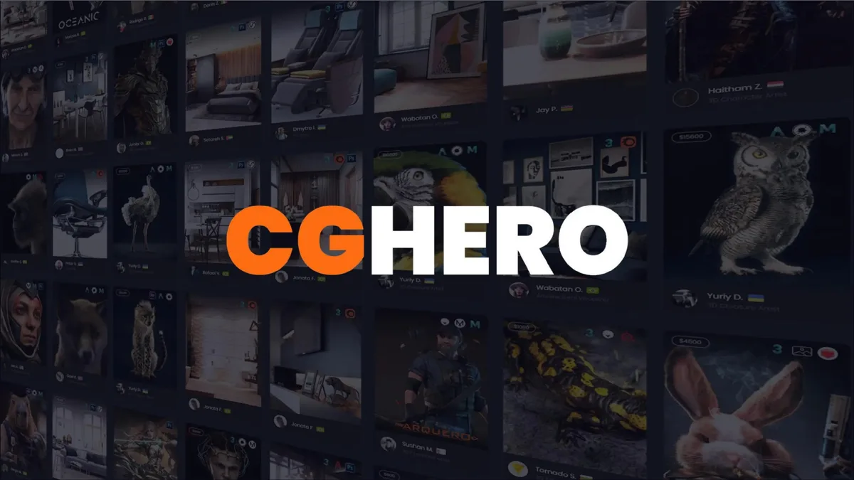 The background is a dark-themed grid of project thumbnails showcasing various 3D art styles.