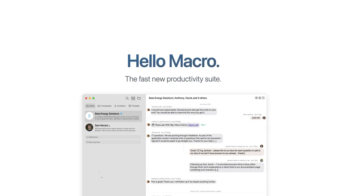 The screenshot shows a communication/collaboration interface with email-like threads.