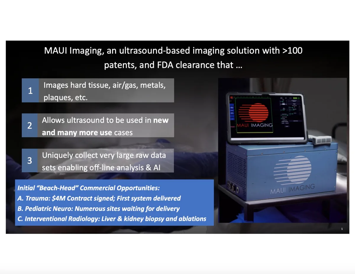 The slide highlights technical advantages (imaging hard tissue, raw data collection) and specific market entry points.