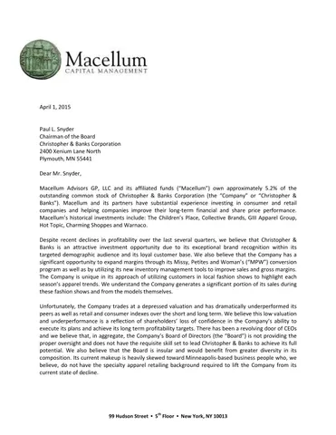 Macellum Christopher Banks Letter April 2015