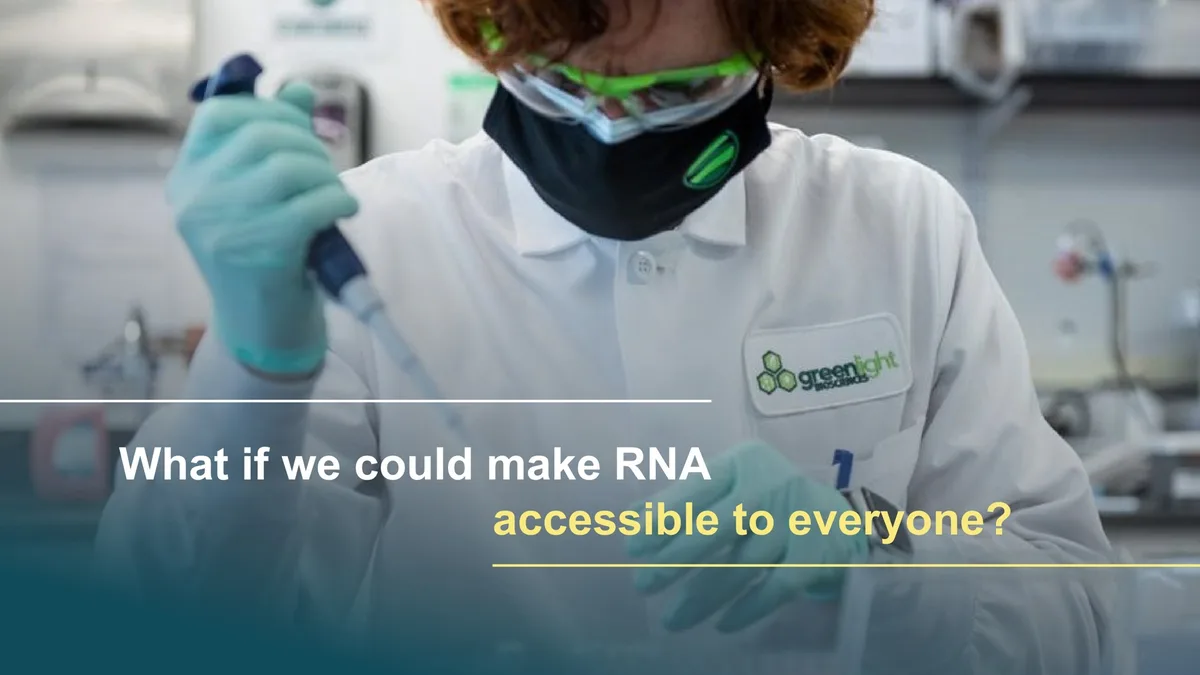 The slide uses a high-quality photo of a scientist in a lab to establish credibility and humanize the mission.