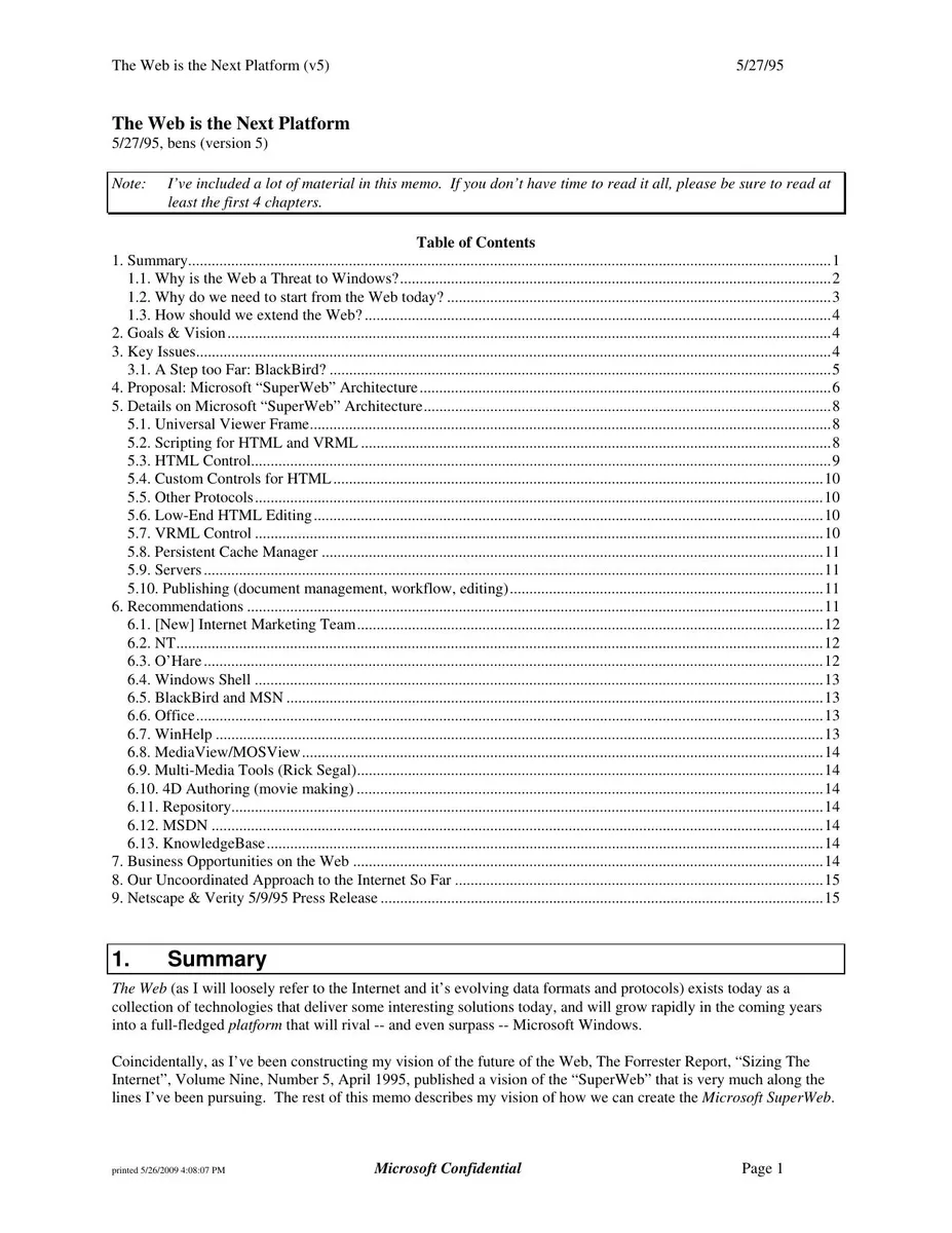 This is a historical document page (memo format) rather than a traditional presentation slide, but functions as a table of contents and executive summary.