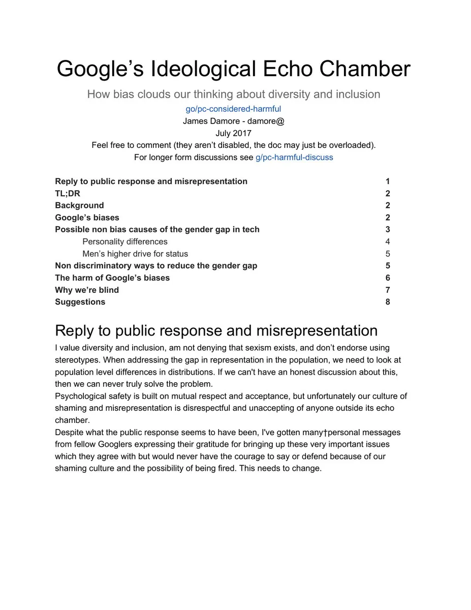 This is the famous 'Google Memo' document cover page.
