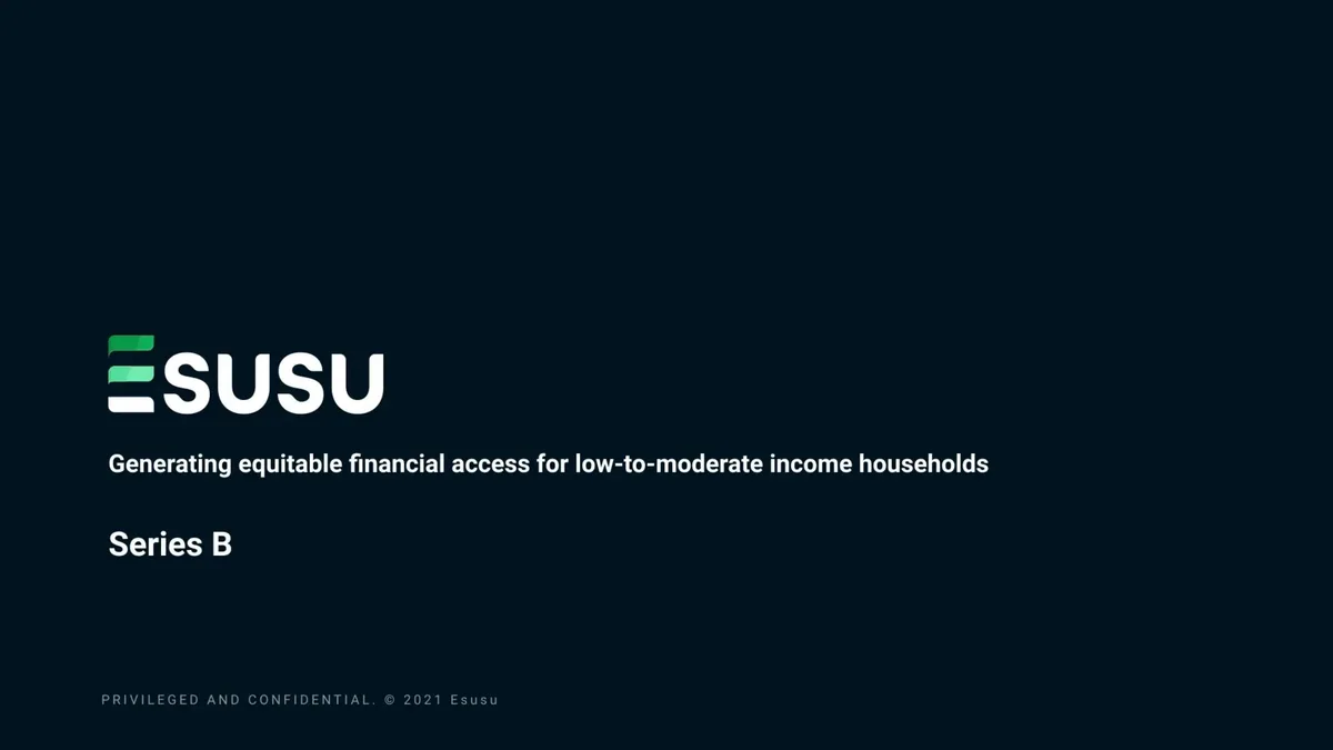 Here's an exclusive look at the 16-page pitch deck Black-led fintech startup Esusu used to raise $130 million in funding led by SoftBank · slide 1