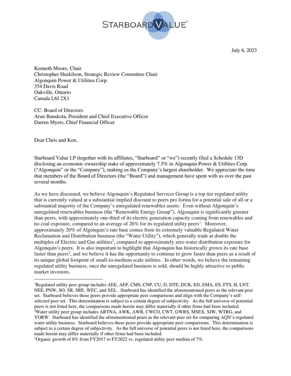 This is a formal investor letter (13D activist communication).
